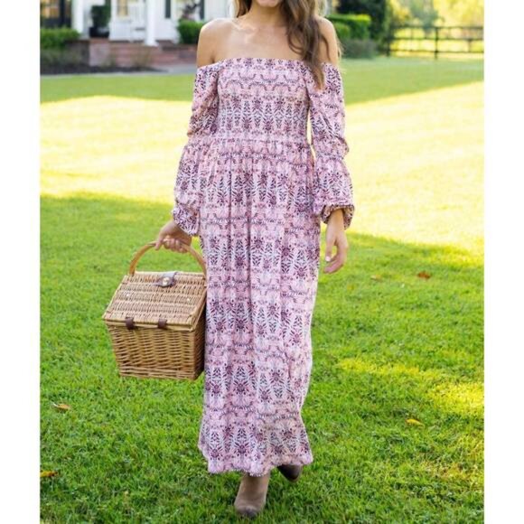Cabana Life Brooklyn Puff Sleeve Maxi Dress in Pink Burgundy Square Neck - SMALL - Picture 1 of 11